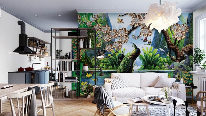 Peacock in Mountains Mural Wallpaper shown in a room