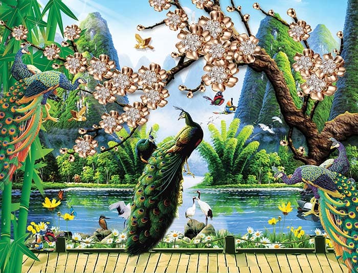 Peacock in Mountains Mural Wallpaper pattern detail
