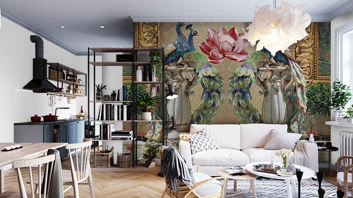 Artistic Peacock Family Garden Design wallpaper shown in a room