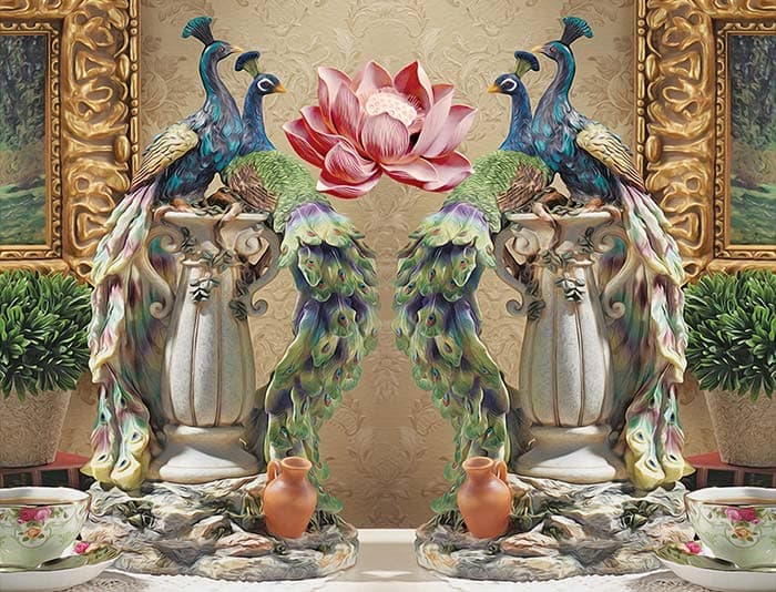 Artistic Peacock Family Garden Design wallpaper pattern detail