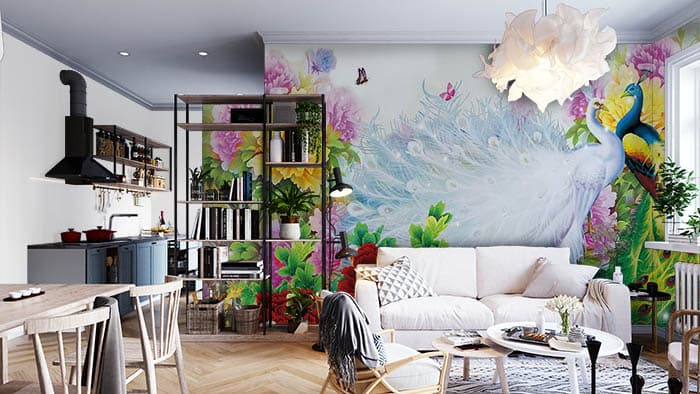 White Peacock and Colorful Flowers Wallpaper shown in a room