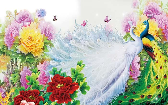 White Peacock and Colorful Flowers Wallpaper pattern detail