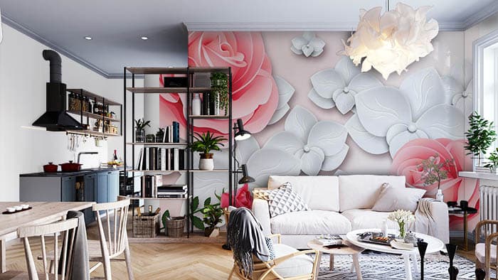 Pink and White Florets Petals Wallpaper shown in a room