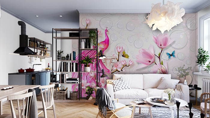 3D Pink Peacock Mural Wallpaper shown in a room