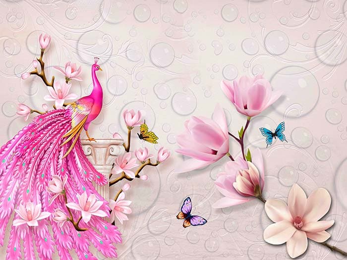3D Pink Peacock Mural Wallpaper pattern detail