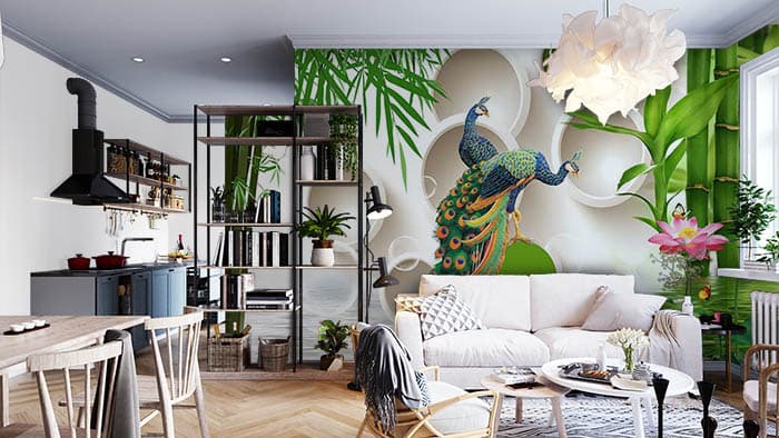 Premium Peacock Circle Wall Decor Wallpaper shown in a room