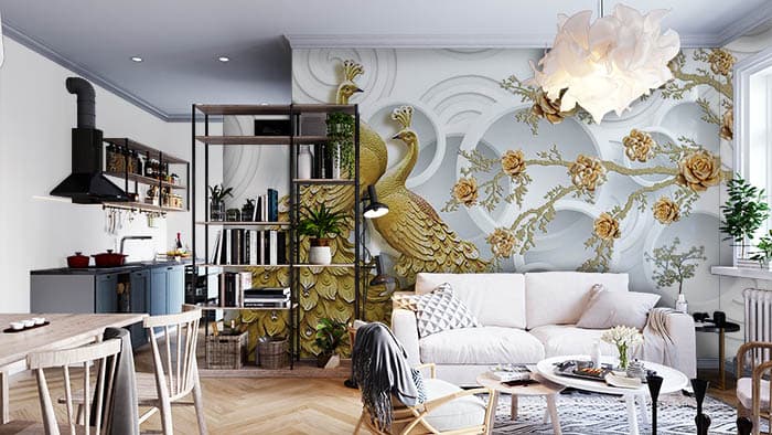 Golden Peacock and Flowers Wallpaper shown in a room