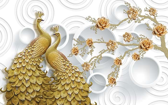 Golden Peacock and Flowers Wallpaper pattern detail