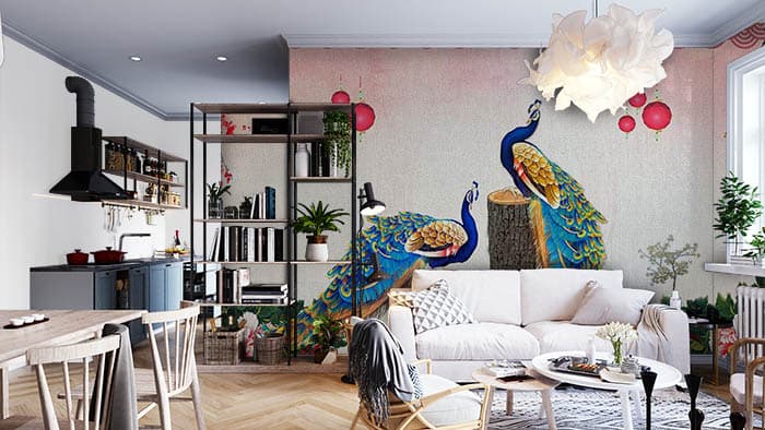 Decorative Peacock Nature Escape Wallpaper shown in a room