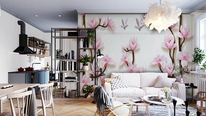 Pink Flower 3D Wallpaper shown in a room