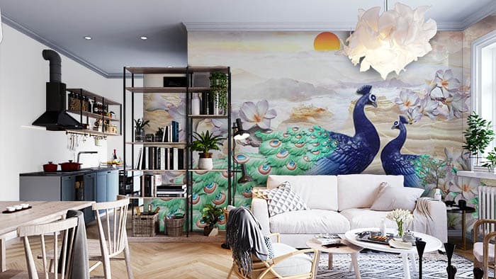 Aesthetic Peacock Land for Modern Interiors Wallpaper shown in a room
