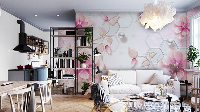 Elegant Pink Hive Geometric Pattern Wallpaper shown in a room