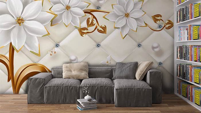 Elegant White Floral Wall Mural Design Wallpaper shown in a room