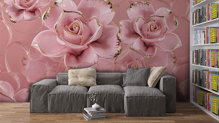 3D Pink Roses with Golden Edges Wallpaper for Wall shown in a room