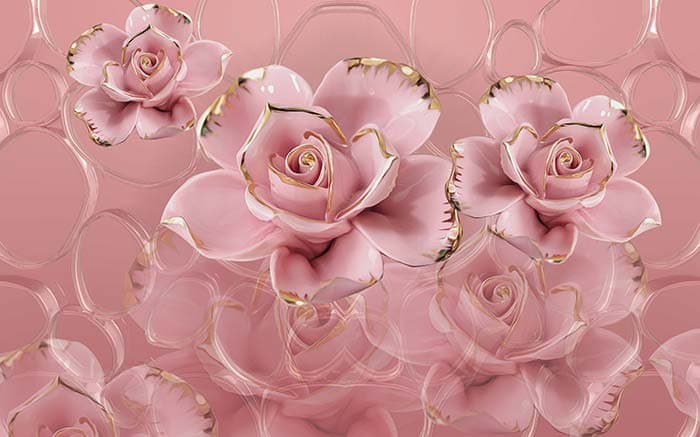 3D Pink Roses with Golden Edges Wallpaper for Wall pattern detail
