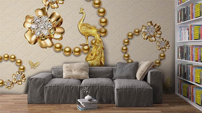 Majestic Peacock with Pearl Accents Design Wallpaper shown in a room