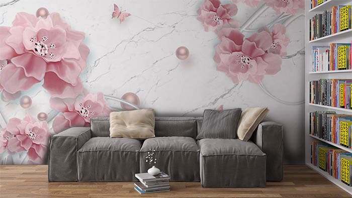 Sophisticated Pink Pearls 3D Effect Mural Wallpaper shown in a room