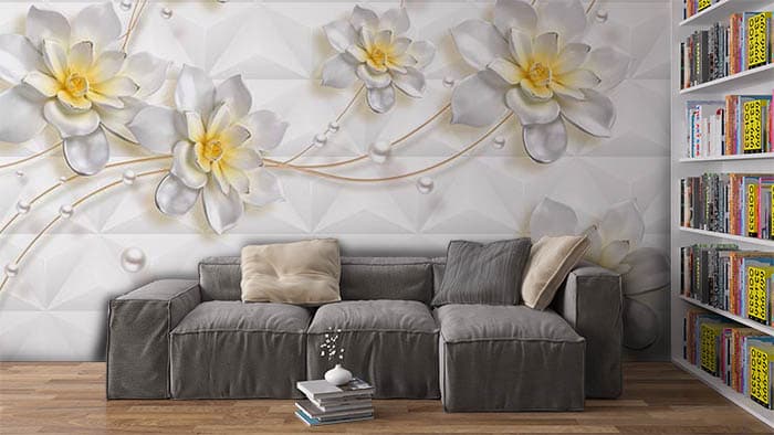 Soft White Floral Pattern Mural Wallpaper shown in a room