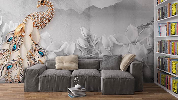 Stylish Decorative Peacock Theme Wallpaper shown in a room