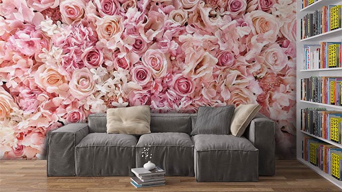 Romantic Pink Roses Wall Wallpaper shown in a room