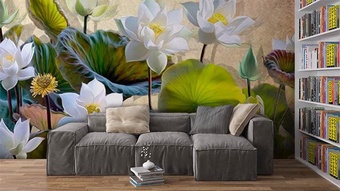 White Lotus and Leaf Wallpaper for Wall shown in a room