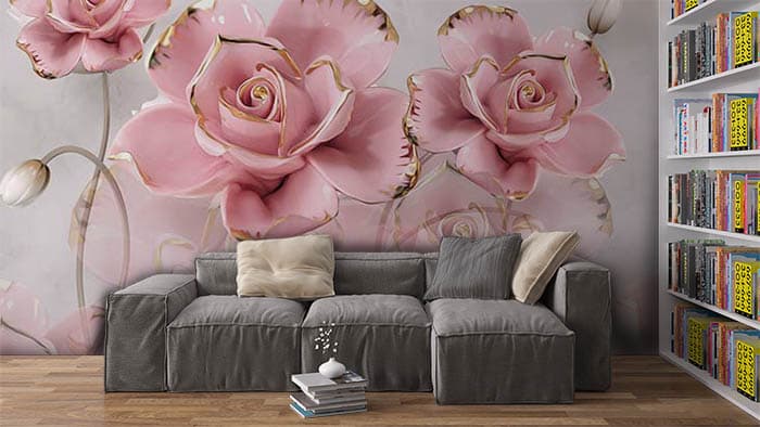 Light Pink 3D Rose Flower with Golden Tinted Wallpaper shown in a room