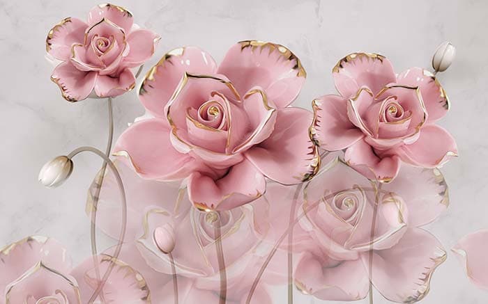 Light Pink 3D Rose Flower with Golden Tinted Wallpaper pattern detail
