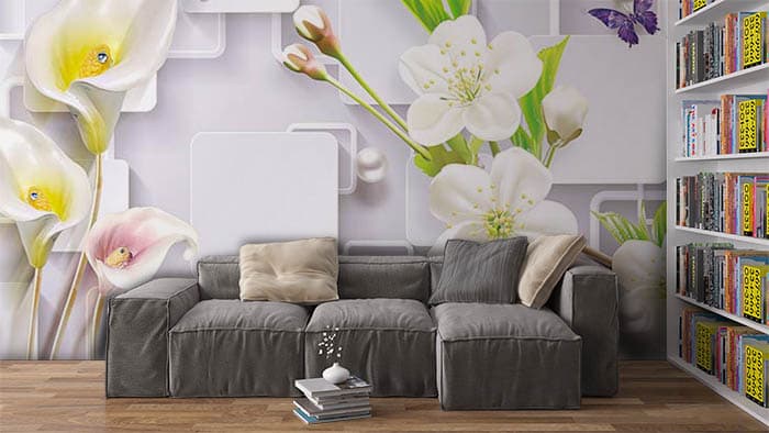 Shelves of Flowers shown in a room