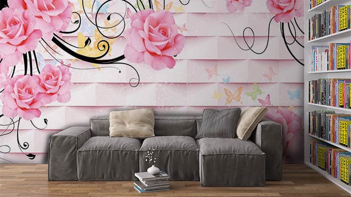 Elegant Pink Florals Blooming Garden Wall Mural Wallpaper shown in a room