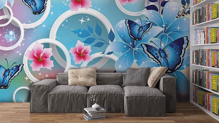 Colorful Floral and Butterfly Wallpaper Mural shown in a room