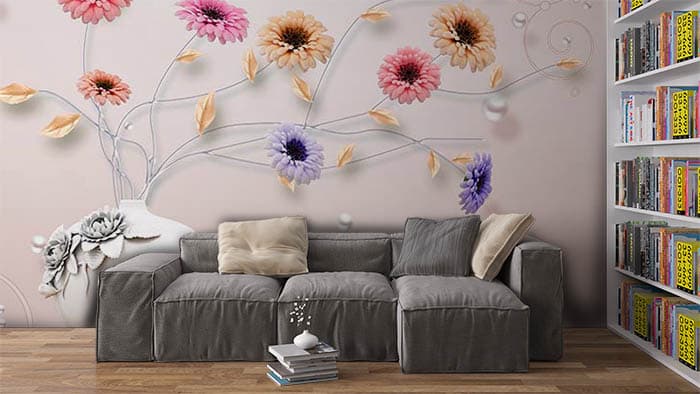 Colorful Floral Burst Wallpaper Mural shown in a room