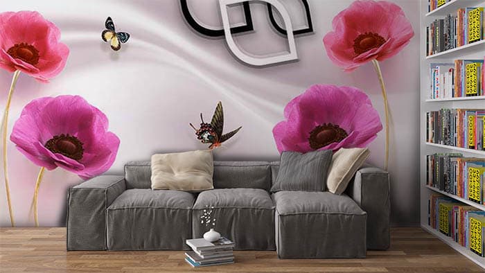 Creamy Background with Rose Flower and Little Butterflies Wallpaper shown in a room