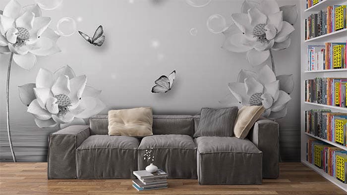 Graceful Monochrome Butterfly Art Wall Wallpaper shown in a room