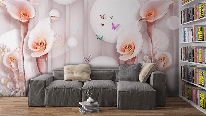 3D Ball With Flower and Colorful Butterflies Wallpaper shown in a room