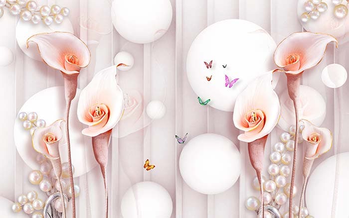 3D Ball With Flower and Colorful Butterflies Wallpaper pattern detail