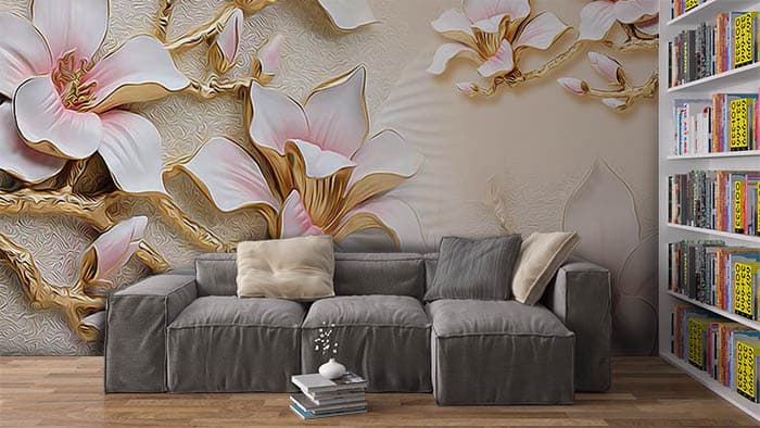 3D Magnolia Flower Design with Golden Textured Wallpaper shown in a room
