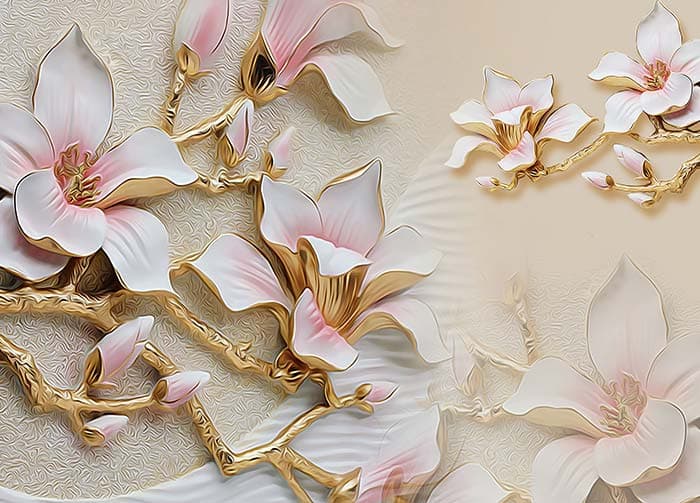 3D Magnolia Flower Design with Golden Textured Wallpaper pattern detail