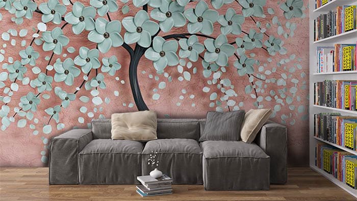 Soft Pink Blossom Nature Inspired Wallpaper shown in a room