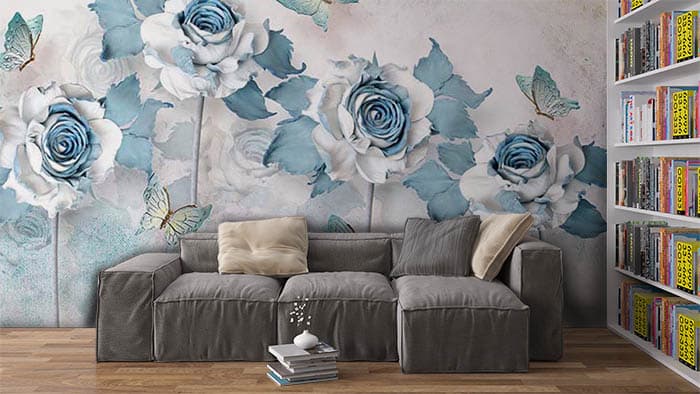 Blue Blossom Floral Mural Wallpaper shown in a room