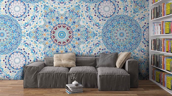 Elegant Blue Floral Mural Wallpaper shown in a room