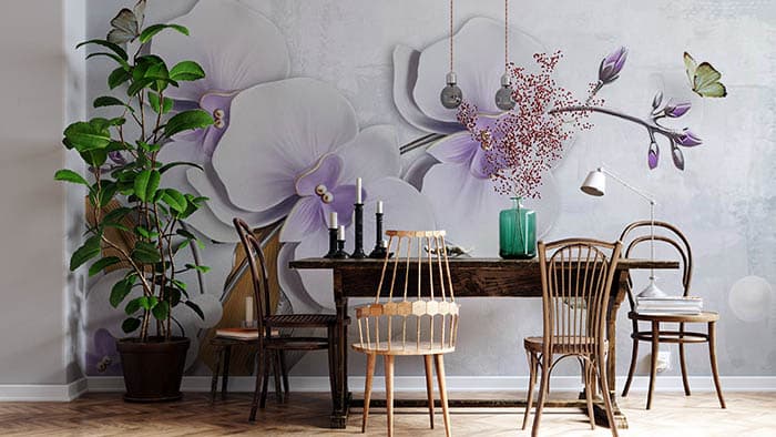 Fresh White and Purple Floral Mural Wallpaper shown in a room