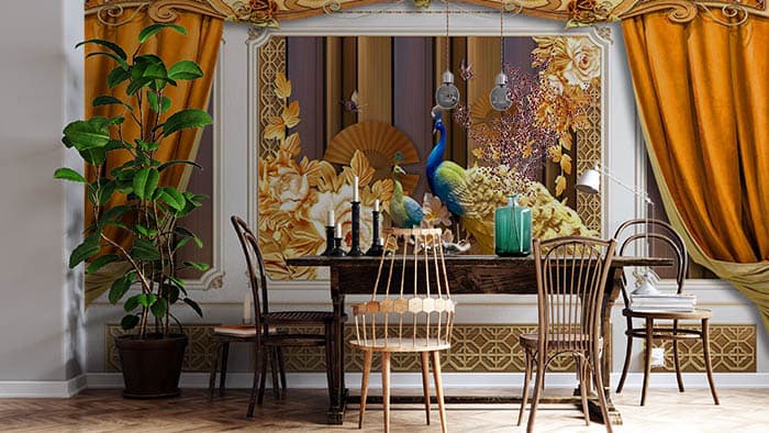 Vibrant Countryside Peacock Art for Home Wallpaper shown in a room