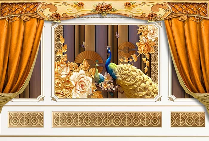 Vibrant Countryside Peacock Art for Home Wallpaper pattern detail