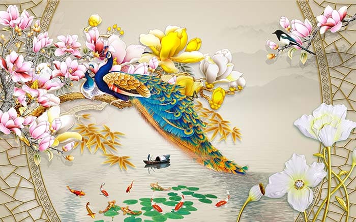 Luxury Park of Peacocks Nature Wall Mural Wallpaper pattern detail