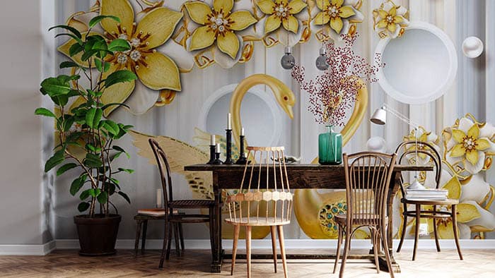 3D Golden Swan Wallpaper shown in a room