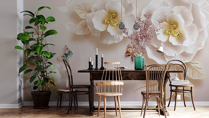 Fresh White Floral Mural Wallpaper shown in a room