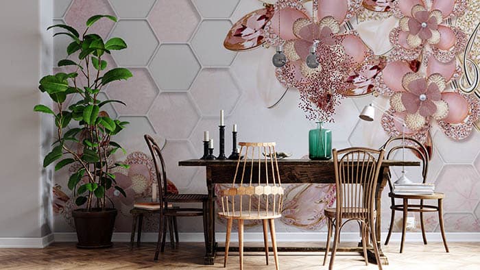 Elegant Pink Pairings Floral Art Wall Mural Wallpaper shown in a room