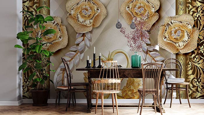 Pair of Golden Swans Wallpaper shown in a room