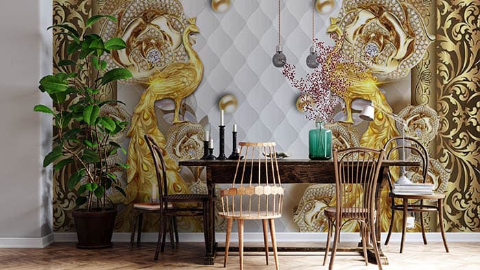 Golden Jewelled Peacocks Wallpaper shown in a room