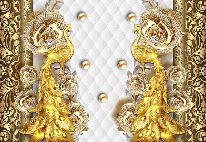 Golden Jewelled Peacocks Wallpaper pattern detail